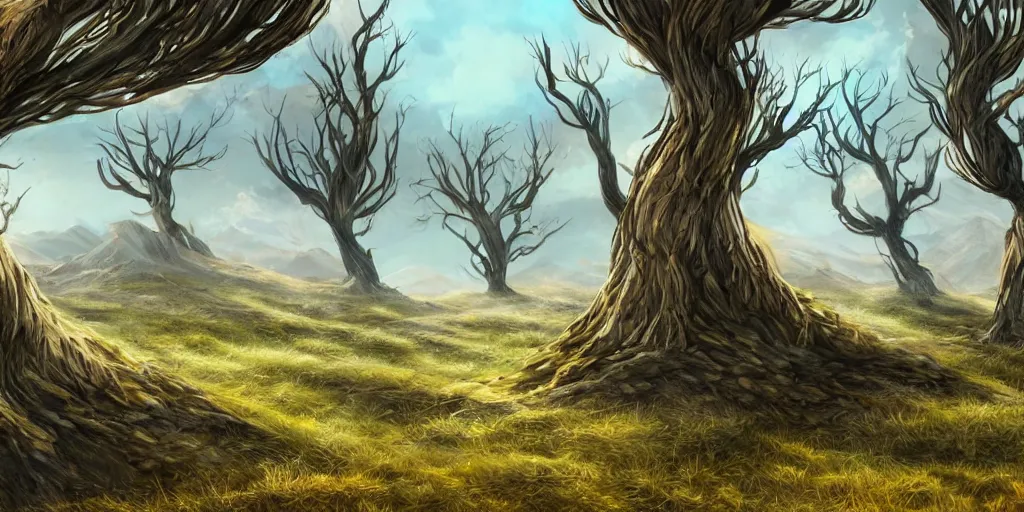 Prompt: bent windswept trees, soilless rocky terrain in background, high quality fantasy art, 4k