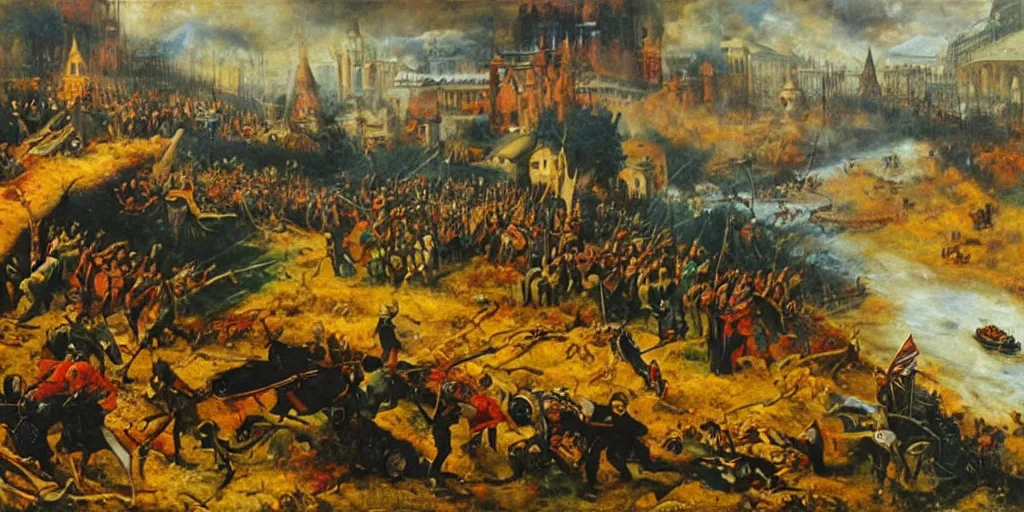 Image similar to fall of russia, oil on canvas