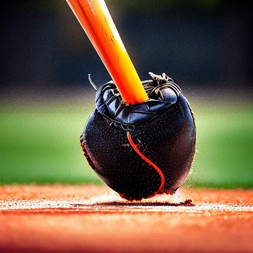 Image similar to high speed photograph of basebal bat hitting an orange, photograph, 1 0 0 0 fps, extremely detailed, photorealistic