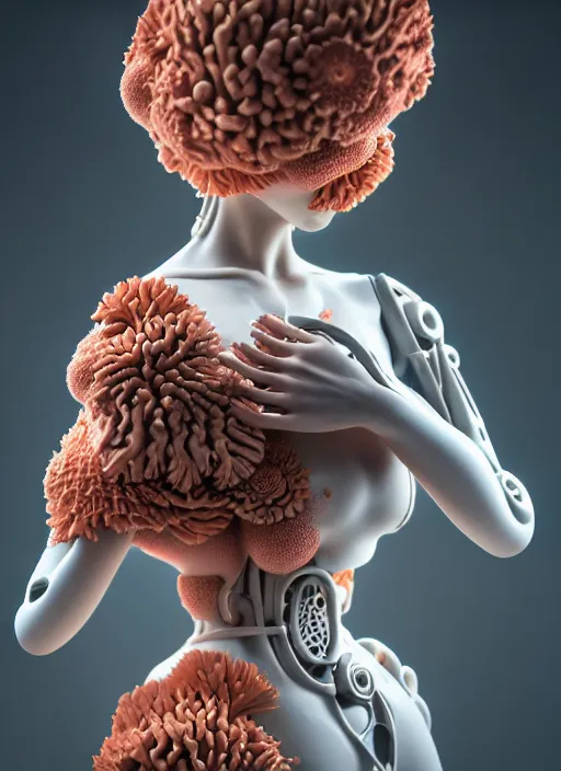 Image similar to biomechanical corals, daisies, well contoured smooth fair walls with marble woman carrying a bottle of perfume, up close shot, sharp focus, global illumination, radiant light, alexandre ferra white mecha, irakli nadar, octane highly render, 4 k, ultra hd,