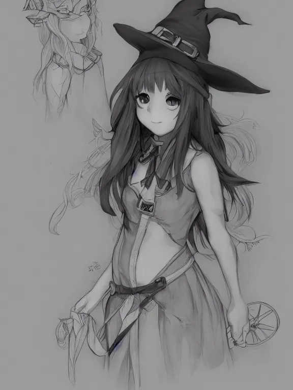 Prompt: Full shot sketch of a cute mischievous young witch about to get up to some trouble. By Range Murata and WLOP and CLAMP and Loish. Lineart only. award winning, Artstation, intricate details, Hyperdetailed, 8k resolution.