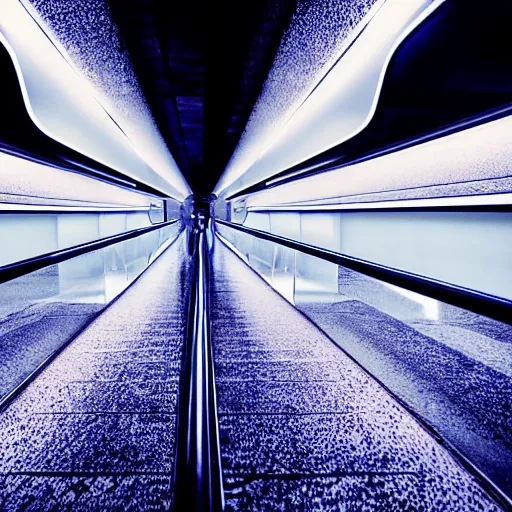 Prompt: approaching futuristic escalator inside white back glossy lit tube with streaming beams of light, building anticipation, scintillating, movement, pastel gradients, 8 k, highly detailed, professional photograph, epic composition, modern details