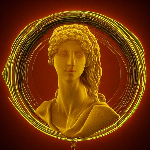 Image similar to a neon ring on the head of a renaissance statue, 3 d render