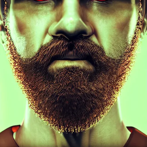 Image similar to an extreme close - up portrait of a neon glowing human beard, photographic filter, unreal engine 5, realistic, hyperdetailed, 8 k, cinematic, volumetric lighting, very realistic effect, hd, hdr, 4 k, sharp focus, octane render, ultra detailed, high resolution, trending on artstation in the style of albert dros glowing rich colors powerful imagery