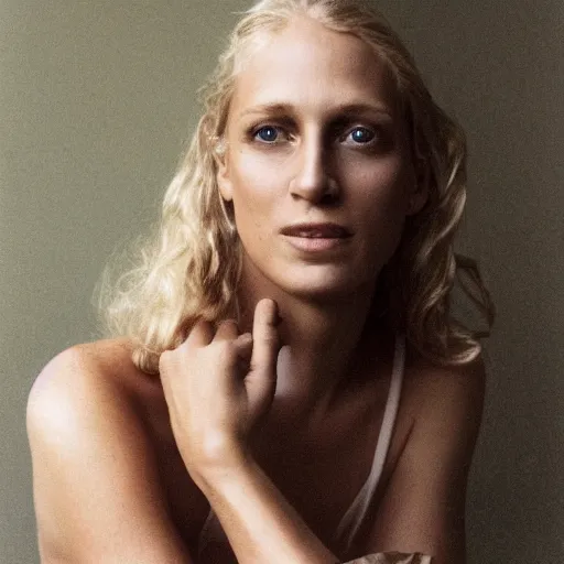 Prompt: photograph by annie leibovitz of olive skinned blonde female in her thirties wearing designer clothes