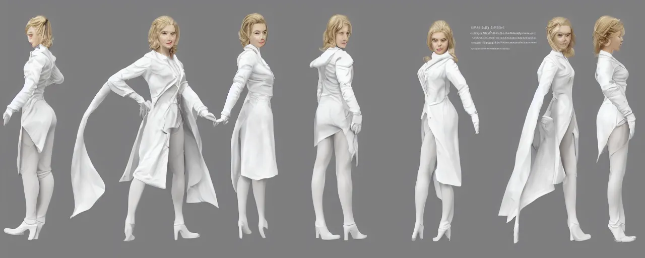 Image similar to character design, reference sheet, gaunt, a beautiful and elegant young lady like Jeniffer, doctor's white coat, concept art, photorealistic, hyperdetailed, 3d rendering , art by Leyendecker and frazetta,