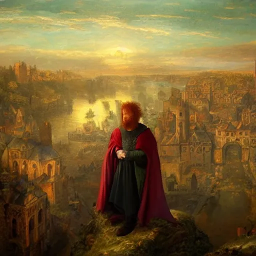 Image similar to a rugged man with curly red hair wearing a green cloak playing a lute sitting on a roof top, medieval setting, entire city visible, zoomed out, night, atmospheric lighting, painted, intricate, volumetric lighting, beautiful, rich deep colours masterpiece, golden hour, oil painting