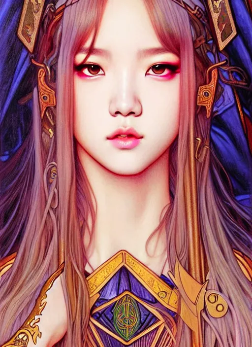 Image similar to lalisa manoban of blackpink, medieval armor, tarot card, highly detailed, digital painting, smooth, sharp focus, illustration, ultra realistic, 8 k, art by artgerm and alphonse mucha