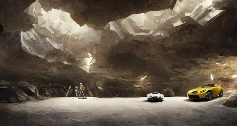 Image similar to Aston Martin in modern cave Next to the pool,digital art,ultra realistic,ultra detailed,art by greg rutkowski