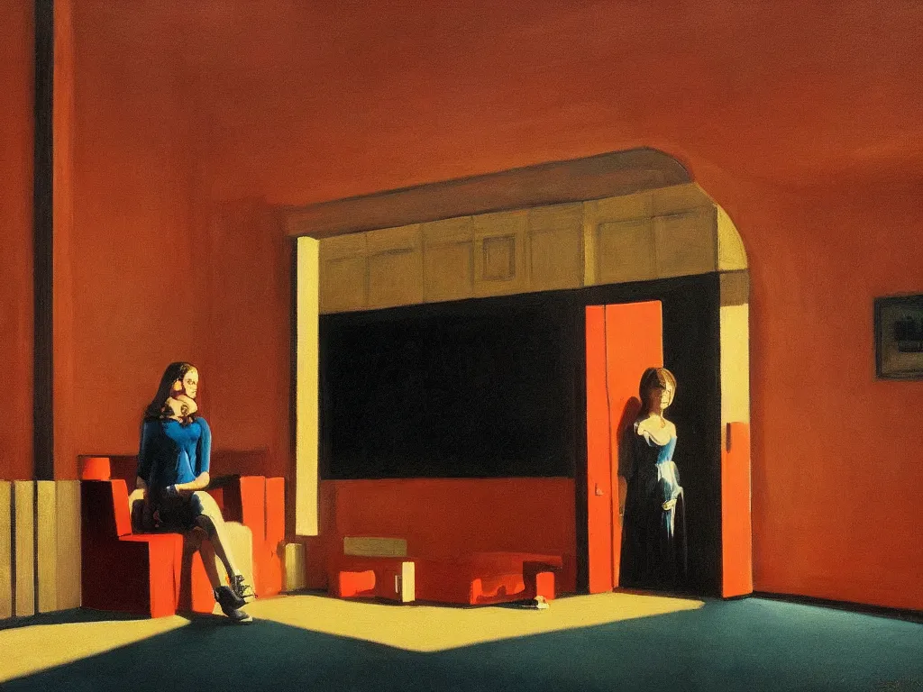 Prompt: lone girl waiting inside a 7 0 s dim theater, stanley kubrick the shinning, american gothic, vibrant colors americana, cinematic, volumetric lighting, ultra wide angle view, realistic, detailed painting in the style of edward hopper and rene magritte