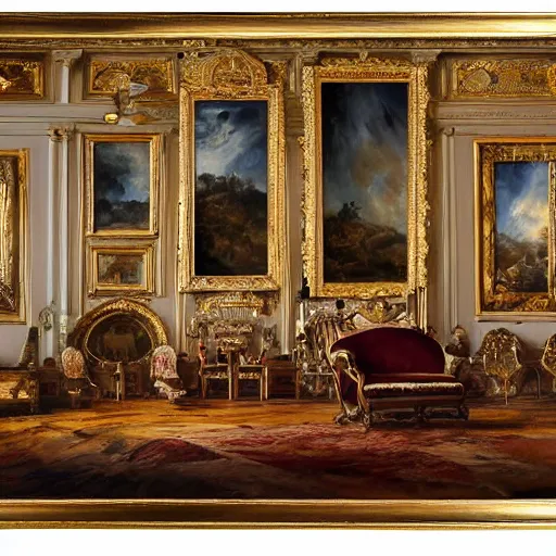 Prompt: 8k highly detailed oil matte painting by Charles Landelle of an art gallery wall with many oil paintings, decadent throne room, ornate furniture, ornate French architecture