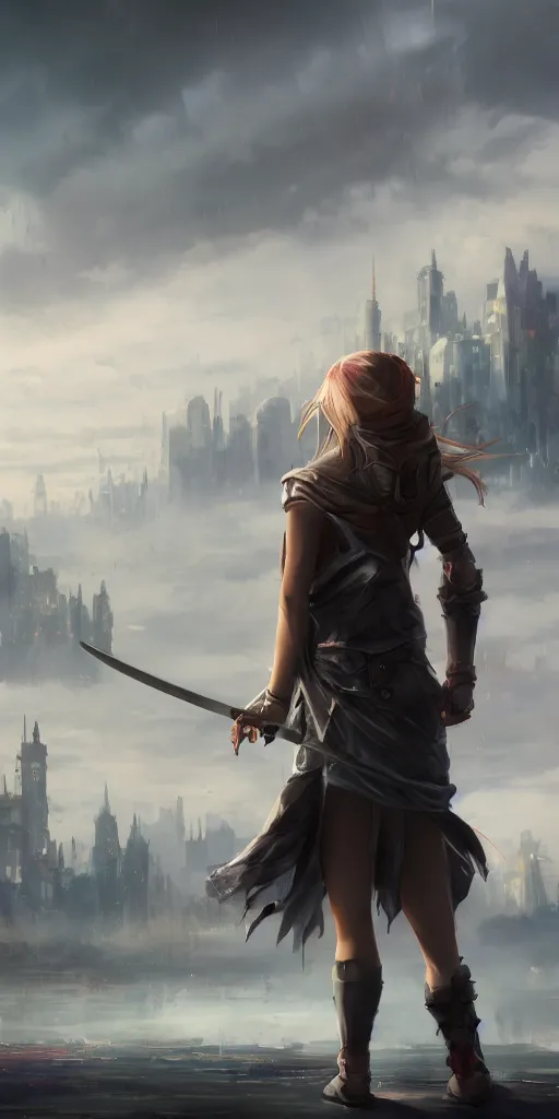 Image similar to back shot of a beautiful girl worrior gazing back, holding two swords. standing on wet road by wlop. artstation contest winner, cinematic paint. lower shot. dramatic cloud and ruined city in background.