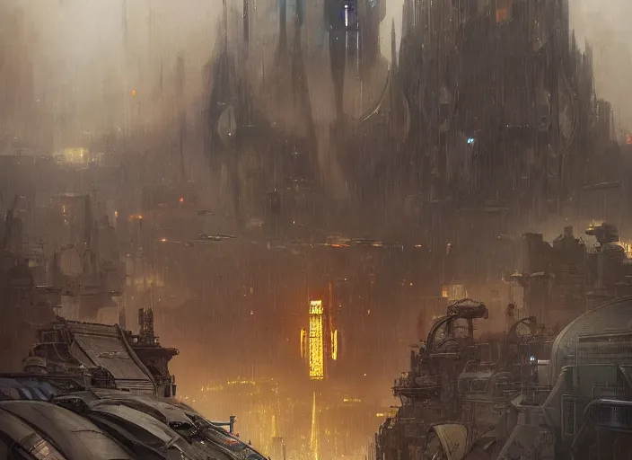 Image similar to giant spaceship, city is pure wasteland, rain, dusk, low saturation, glowing lights, alphonse mucha, greg rutkowski, trending on artstation, artgerm, breathtaking, sharp focus, smooth, mark arian, award winning, highly detailed 4 k art