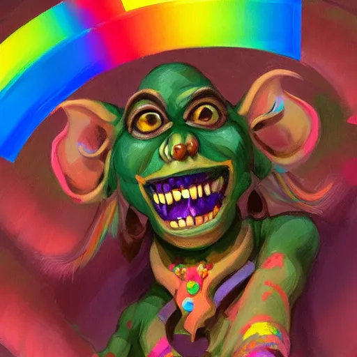 Image similar to painting of a goblin pride parade artstation rainbow color scheme