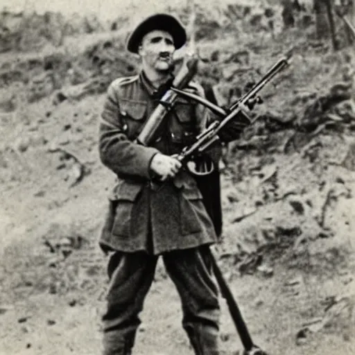 Image similar to old wartime photograph of shaggy holding a lewis gun, 1 9 1 7