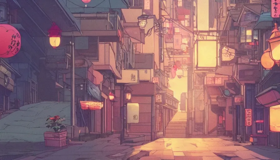 Image similar to A film still from a 1990s Sailor Moon cartoon featuring a moody street in Japan with a waterfall and lanterns, lofi aesthetic, golden hour, cinematic look, film grain, high detail, high resolution, 8k