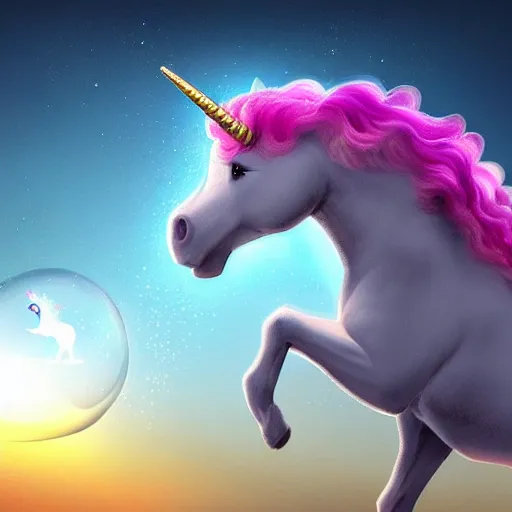 Image similar to A unicorn in the shape of a bubble floating in the air, mystical fantasy, concept art