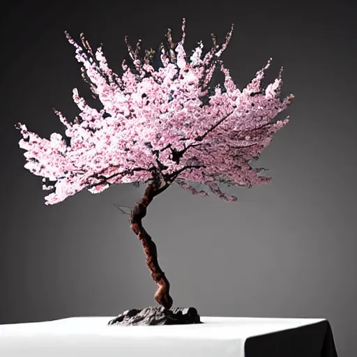 Image similar to a sculpture of sakura tree on the table, hyperrealism oil painting