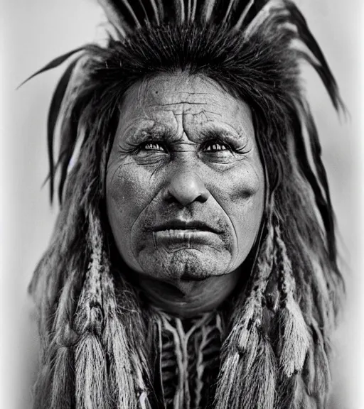 Image similar to Award winning Editorial photo of a Native Iroquois with incredible hair wearing traditional garb by Edward Sherriff Curtis and Lee Jeffries, 85mm ND 5, perfect lighting, gelatin silver process