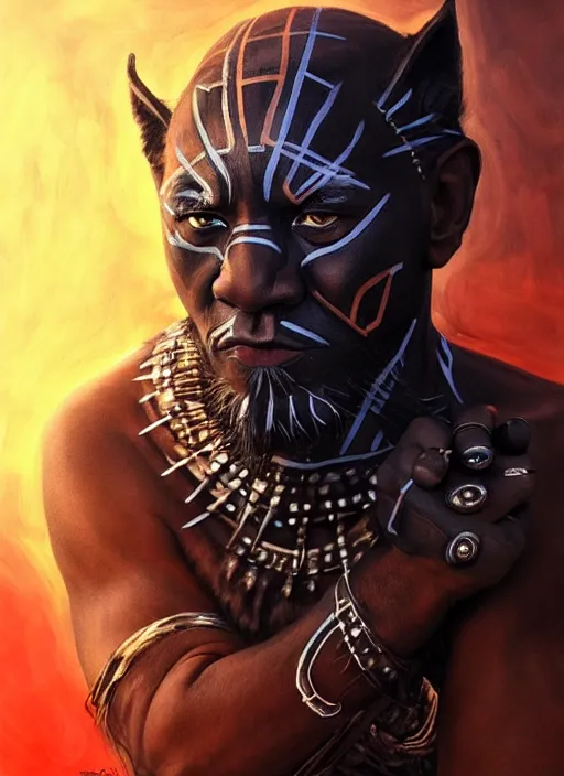 Image similar to photo of a gorgeous magic old shaman with a black panther, face painting, face in the style of stefan kostic, wild, thunders, fire, magic war, majestic, realistic, sharp focus, 8k high definition, insanely detailed, intricate, elegant, art by stanley lau and artgerm