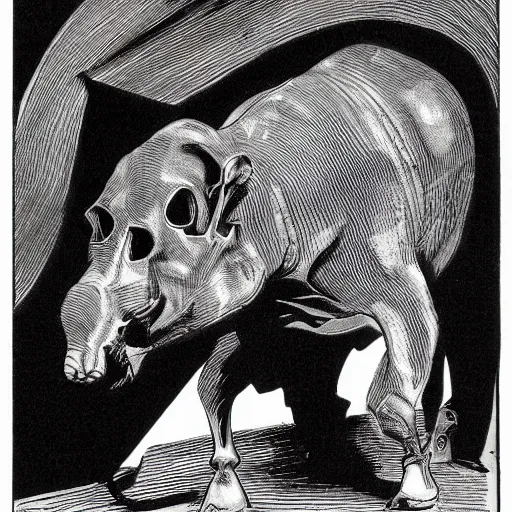 Image similar to A skull of a tapir. Frontal View, Close Up Shot, Dark Fantasy, Film Noir, Black and White. High Contrast, Mike Mignola, D&D, OSR