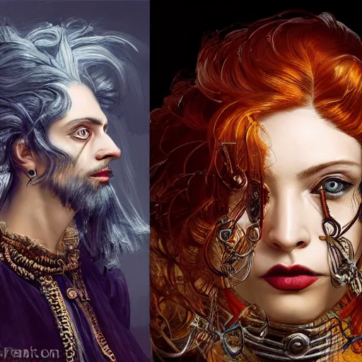 Image similar to portrait, headshot, insanely nice professional hair style, dramatic hair color, digital painting, of a old 17th century, old cyborg merchant, amber jewels, baroque, ornate clothing, scifi, realistic, hyperdetailed, chiaroscuro, concept art, art by Franz Hals and Jon Foster and Ayami Kojima and Amano and Karol Bak,