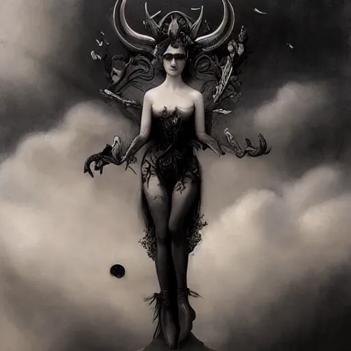 Image similar to By Tom Bagshaw, ultra realist soft painting portrait of zynoid curiosities carnival by night, very beautiful horned single dollpunk gothic fully dressed fading, symmetry accurate features, very intricate details, ominous sky, black and white, volumetric light clouds