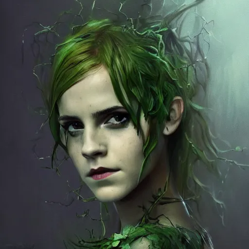 Prompt: emma watson as poison ivy. dark colors. menacing. haunting. frightening. trending on artstation. award winning. artgem. greg rutkowski. beksinski. extremely detailed. 4 k