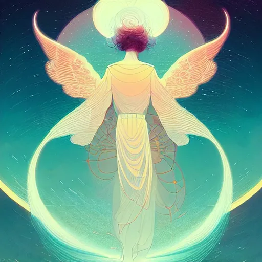 Prompt: an angel of the dawn light, in the heavens by victo ngai, james jean, peter mohrbacher digital art