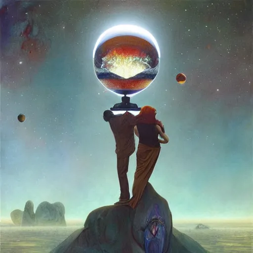 Image similar to Esao Andrews, scifi nightscape, planets, gigantic mirror, hyperrealistic surrealism, award winning masterpiece with incredible details, epic stunning, infinity pool, a surreal vaporwave liminal space, highly detailed, trending on ArtStation, artgerm and greg rutkowski and alphonse mucha, daily deviation, IAMAG, broken giant marble head statue ruins, calming, meditative