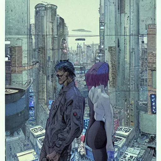 Image similar to Ghost in the shell by Enki bilal and Moebius, cyberpunk, impressive perspective, aesthetic, masterpiece