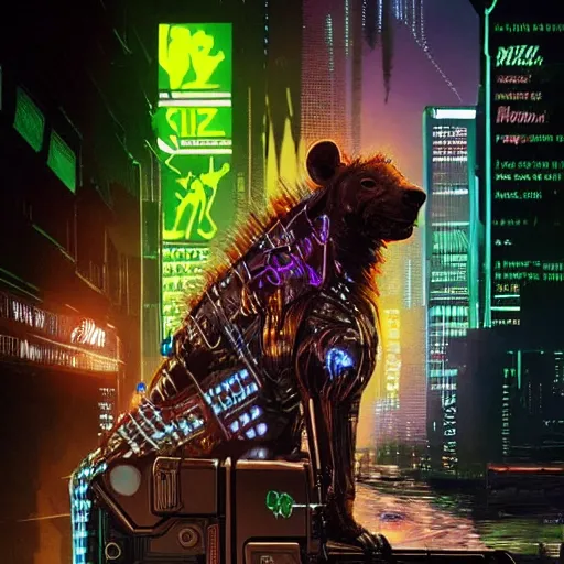 Image similar to cyborg hyena in cyberpunk 2 0 7 7, wires and neon lights, realistic highly detailed video game concept art,