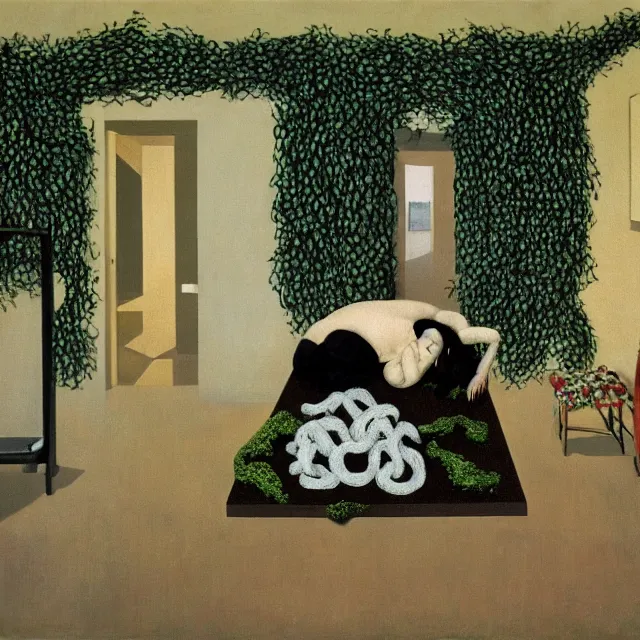 Image similar to a pathology student in her apartment, wrapped in vines, large stones, pig, black walls, ikebana, black armchair, puddles, moss, acrylic on canvas, surrealist, by magritte and monet