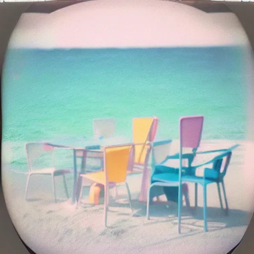 Image similar to a pastel colour high fidelity Polaroid photo from a holiday album at a seaside with abstract inflatable parachute furniture, all objects made of transparent iridescent Perspex no people, nostalgic