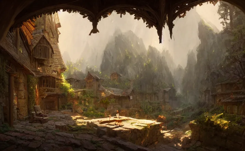 Image similar to painting of a series of opposing living quarters overlooking communal area carved inside a mountain, lush garden with hot spring between, cozy bed, well maintained, clean, medieval, fantasy genre, natural light, fantasy, natural light, concept art, by greg rutkowski and craig mullins, cozy atmospheric and cinematic lighting, trending on artstation