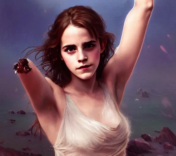 Image similar to photography emma watson with hands - up and hairy armpits, deep focus, intricate, elegant, highly detailed, digital painting, artstation, concept art, matte, sharp focus, illustration, art by artgerm and greg rutkowski and alphonse mucha and gil elvgren