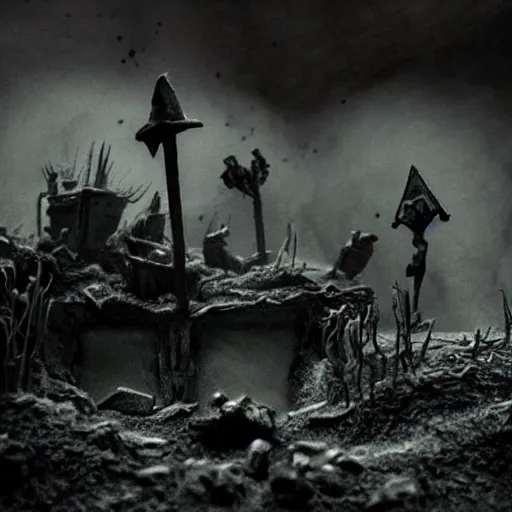 Image similar to the war between worlds extremely detailed claymation art, dark, moody, foggy