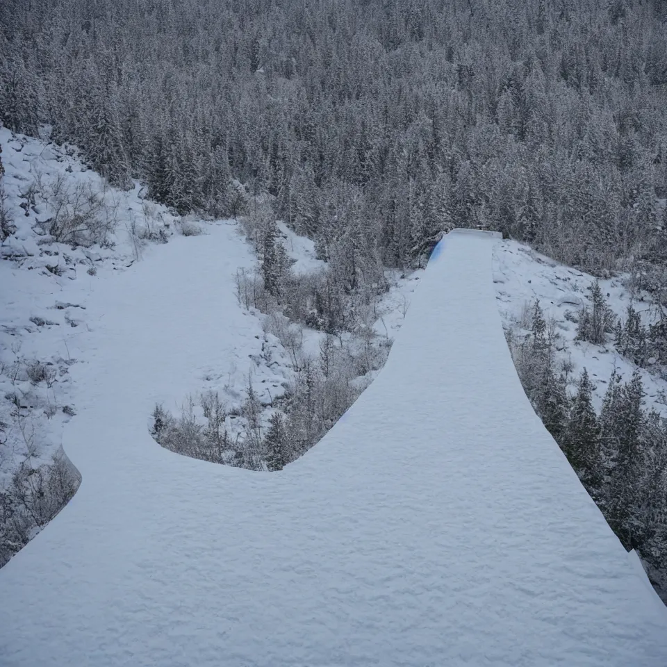 Prompt: a road leading to a mid-century modern house on top of a cliff in the arctic, covered with snow, designed by Frank Gehry, with a long pathway toward it. Big tiles. Film grain, cinematic, yellow hue