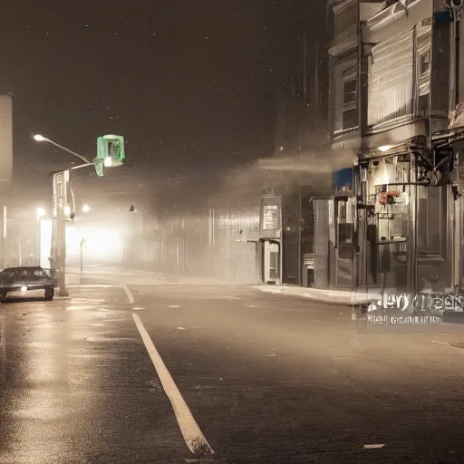 Image similar to A stunningly beautiful award-winning 8K high angle from 2nd floor cinematic movie photograph looking down diagonally across a spooky dark very foggy empty lightless main street intersection in an abandoned 1950s small town at night. perfect composition, moody low key. Color palette from Seven, greens yellows and reds. 2 point perspective. Octane render