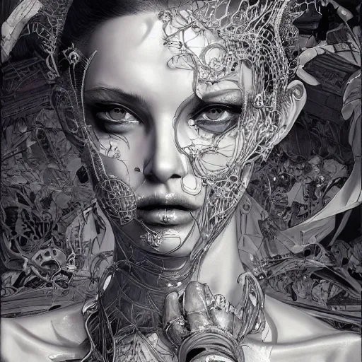 Prompt: the portrait of an absurdly beautiful, graceful, elegant, sophisticated, fashionable cyberpunk gravure idol, an ultrafine hyperdetailed illustration by kim jung gi, irakli nadar, vania zouravliov, intricate linework, bright colors, porcelain skin, blue eyes, unreal engine 5 highly rendered, global illumination, radiant light, detailed and intricate environment