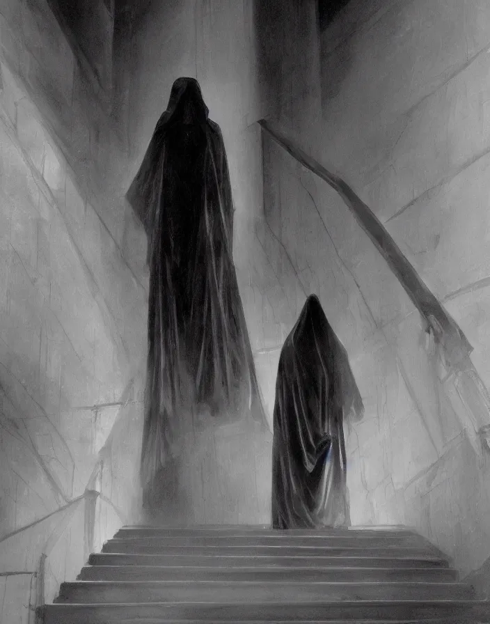 Image similar to a figure shrouded in a long trailing pitch black gown, descending a giant marble staircase in a dark room, photorealism, hyperrealism, harsh lighting, hyperrealism, dramatic lighting, medium shot, serious, gloomy, foreboding