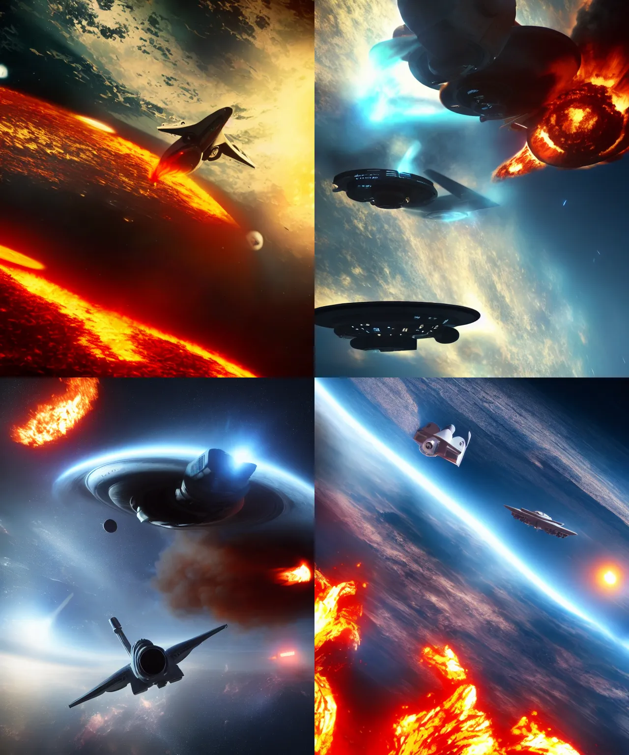 Prompt: uss enterprise orbiting a planet on fire, hyper realism, cinematic, volumetric lighting, dramatic ambient lighting, epic composition, high detail, octane render, unreal engine, 8 k, high contrast, depth of field, concept art, 3 d render, digital art, deviantart artstation, ray tracing, extremely detailed, apocalyptic, very sharp,