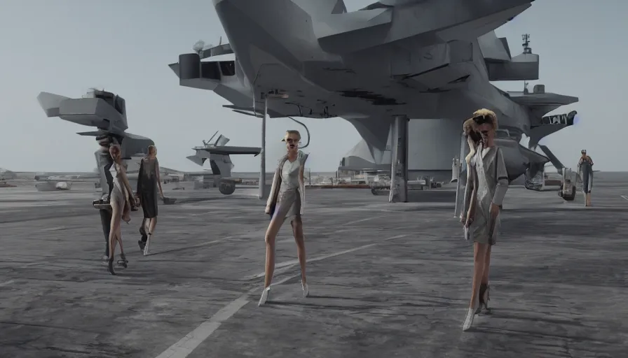 Prompt: A fashion Catwalk on an aircraft carrier, Fashion Photography, Concept Art, Octane, Redshift, High Detail