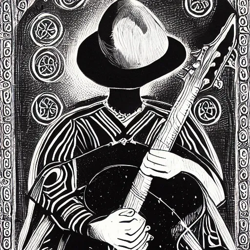 Image similar to black white purple painting on black paper, folkloric illustration , the guitar player , tarot by Andreas Rocha