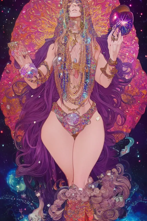 Image similar to psychedelic, intricate, highly detailed, anime, 4k, beautiful seductive woman holding a crystal containing the universe, with professional makeup, long trippy hair, surrounded by gems, underneath the stars, trending on patreon, deviantart, twitter, artstation, volumetric lighting, heavy contrast, by artgerm and Ilya Kuvshinov and alphonse mucha