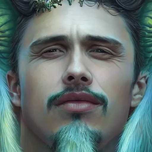 Image similar to closeup portrait shot of james franco as king oberon, fairy wings, lord of beasts, highly detailed, digital painting, artstation, concept art, soft focus, depth of field, artgerm, tomasz alen kopera, peter mohrbacher, donato giancola, wlop, boris vallejo