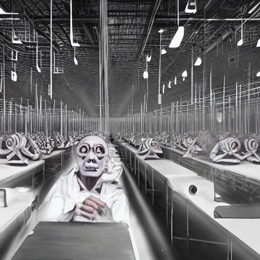 Image similar to evil souls being produced in surreal sweatshop under fluorescent light hell, advanced, photorealistic, realistic, dramatic lighting, fantastic reality, by stefan bakałowicz, 8 k resolution