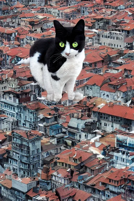 Prompt: a anthropomorphic cat in a cats city from the top of a roof