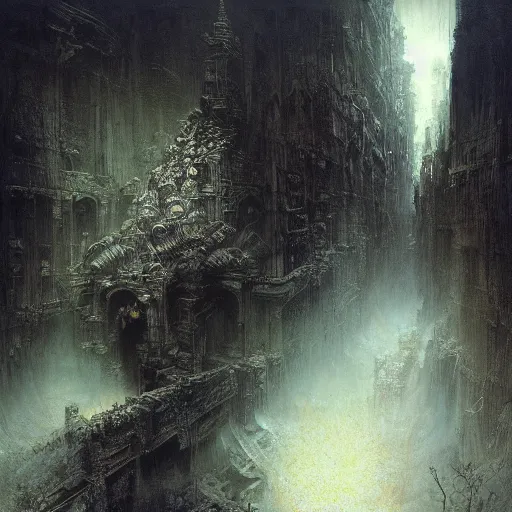 Prompt: evil, in the lost city by gustave dore and gustave moreau and beksinski and giger and craig mullins and jeremy mann