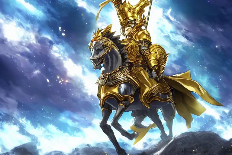 Image similar to an ultra detailed portrait of king richard the lionhearted as a paladin shonen anime protagonist charging into battle wearing bright gold armor and riding a horse blessed by god, epic anime fantasy, 8 k, volumetric lighting, smooth, highly detailed, digital illustration, art by kentaro miura and akira toriyama and artgerm